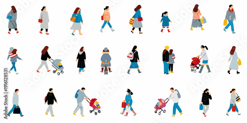 Diverse group of stylized people walking in various outfits and poses