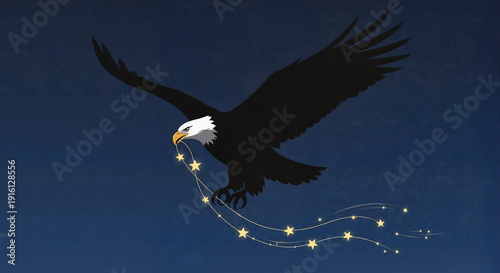 Bald eagle flying with sparkling stars in a night sky  