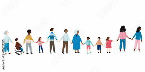 Diverse group of people holding hands in a united line