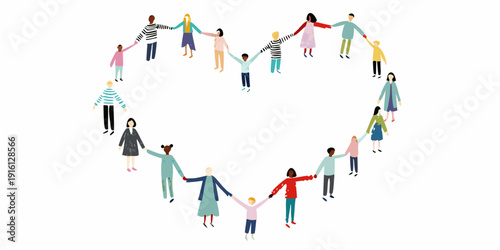 Diverse group of people forming a heart shape symbolizing unity and connection