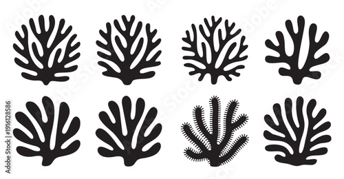  abstract black coral reef silhouettes eight aquatic plant icons