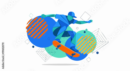 Dynamic Skateboarder Performing Trick with Abstract Shapes.