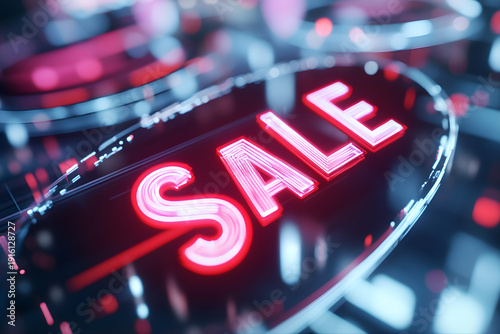 Sale word in red neon light. 3D Rendering. Bright neon sign displaying the word 