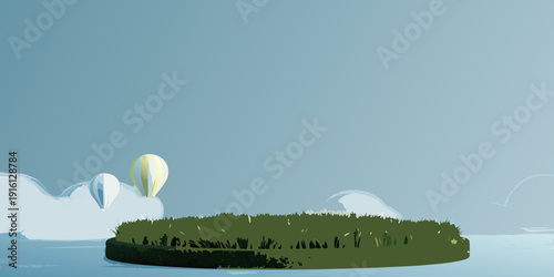 Minimalist landscape with a small island and distant hot air balloons