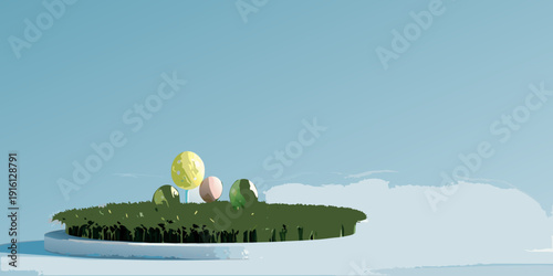 Stylized island with colorful eggs and abstract foliage in a digital rendering