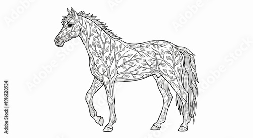 Elegant Horse Illustration With Intricate Leafy Mane and Tail.