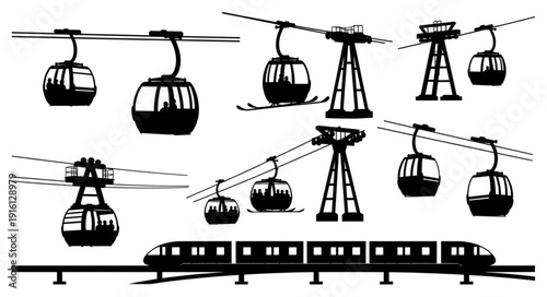 Collection of Cable Cars and Train Silhouettes.