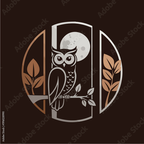 Elegant Owl Perched on Branch Under Moonlight Emblem.