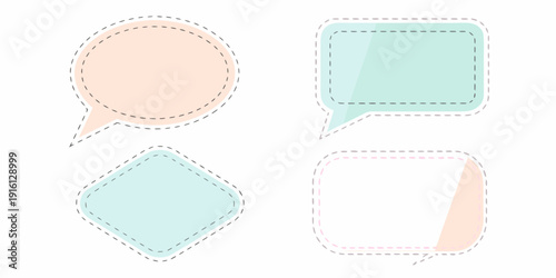 Four pastel colored speech bubbles with dashed outlines in various shapes