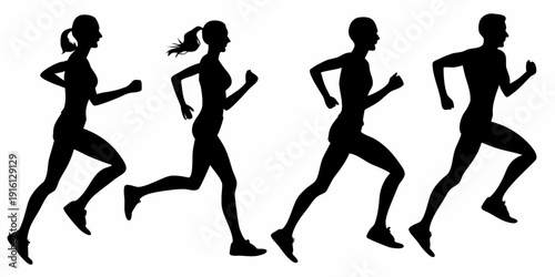 Silhouettes of four people running depicting athleticism and movement