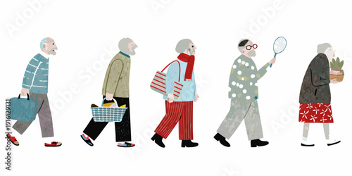 A line of illustrated senior citizens walking in various outfits
