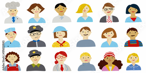 Diverse group of cartoon avatars representing various professions and people