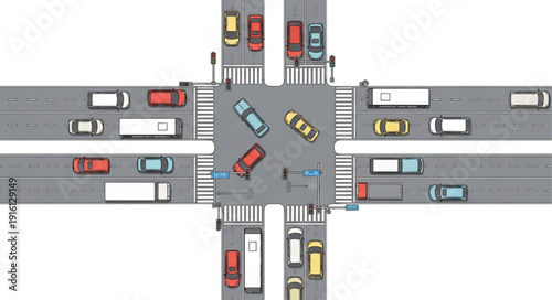 Busy Four Way Intersection With Multiple Cars and Trucks.