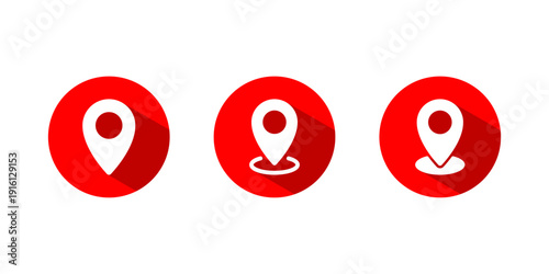 Location pin icon set with long shadow. Map marker and navigation symbol