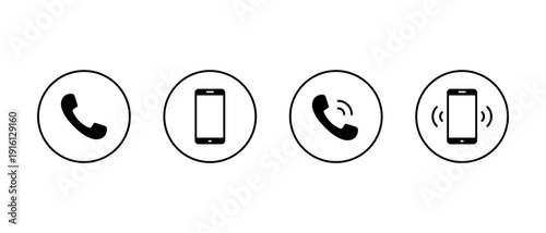 Phone handset and smartphone icon in circular outline. Incoming call and cellphone symbol
