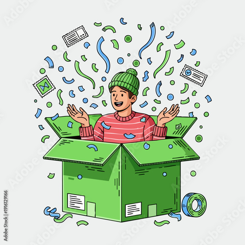 Excited Person Emerging from a Green Gift Box with Confetti.