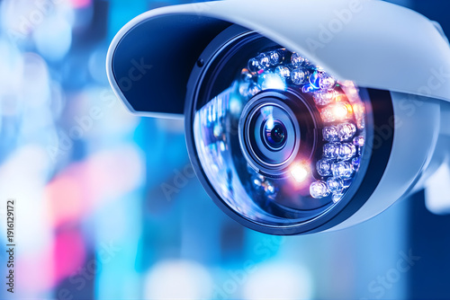 Close-up of a CCTV security camera with a protective dome cover, CCTV security camera with bokeh light background, close up, The background features blurred multicolored lights, indicating an urban
