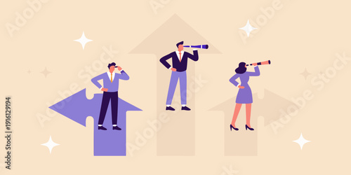 People using binoculars and standing on arrows representing future direction