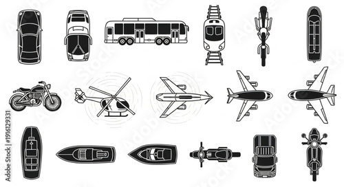 Collection of various transportation vehicles seen from above.