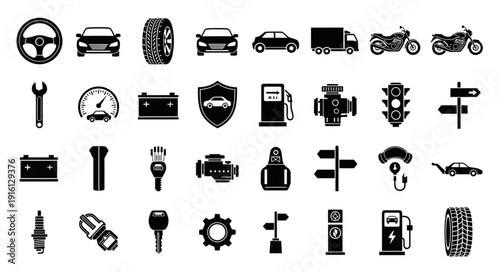 Collection of automotive and transportation related icons.