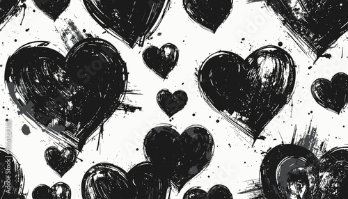 A collection of black hearts scattered across a white canvas, showcasing a variety of heart shapes and sizes from different viewpoints.