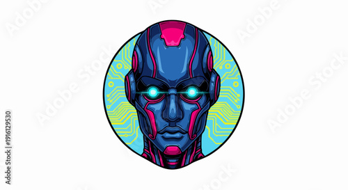 Futuristic Robot Head with Glowing Eyes and Metallic Skin.