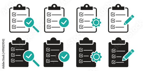 Clipboard with check mark different style icon set. Line, solid and filled outline colorful icon, vector sign and symbol. Checklist clipboard icon for grocery order, audit and task icon