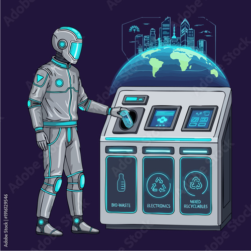 Futuristic robot using smart recycling station for eco-friendly waste management.
