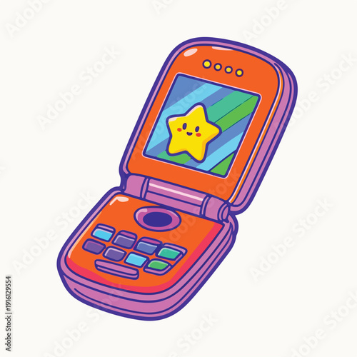 Retro inspired cute orange flip phone illustration displaying a cheerful yellow star character on its small screen showcasing vintage mobile technology nostalgia