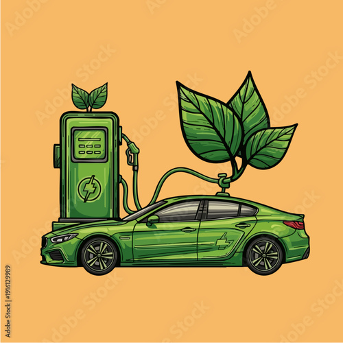Green electric car charging at eco-friendly station with leaves.