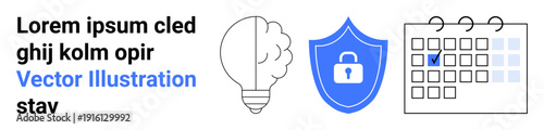 Innovation, data protection, planning, creative strategies, cybersecurity, secure systems. A light bulb, shield with a lock and calendar with checkmark are . Innovation and data protection concept