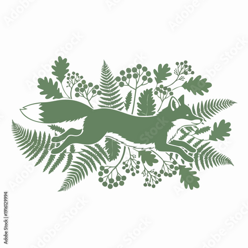 Green fox running through forest foliage illustration.