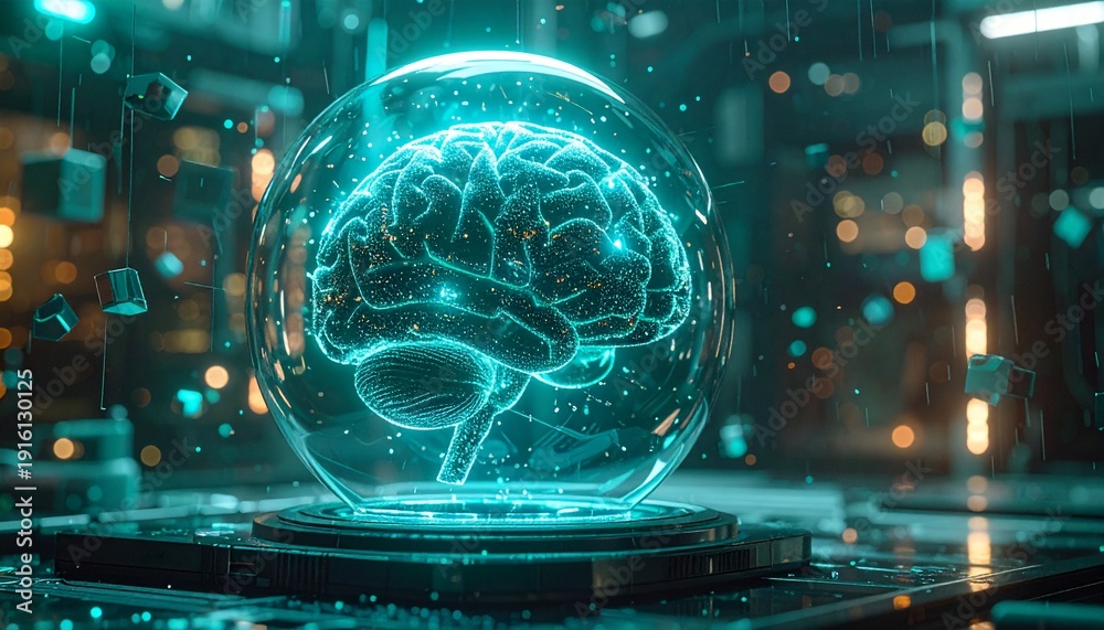 Obraz premium Futuristic Brain in a Glass Sphere - AI and Technology Concept.