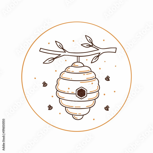 Hand Drawn Beehive Hanging From A Tree Branch With Bees Flying Around.