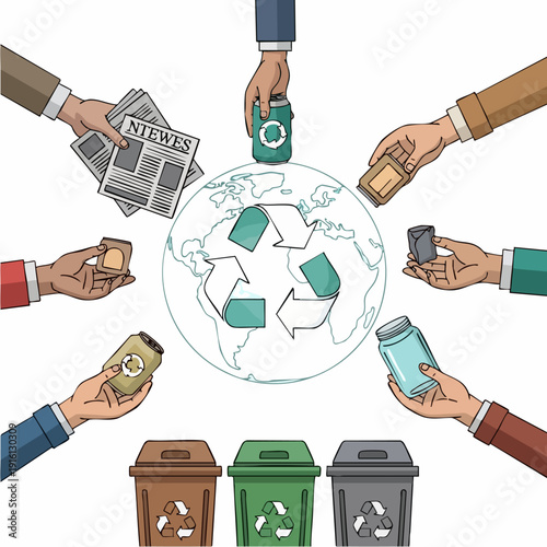 Hands holding recyclable materials around the Earth with recycling symbol.