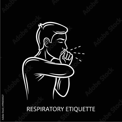 Illustration of a person practicing respiratory etiquette by coughing into their elbow.