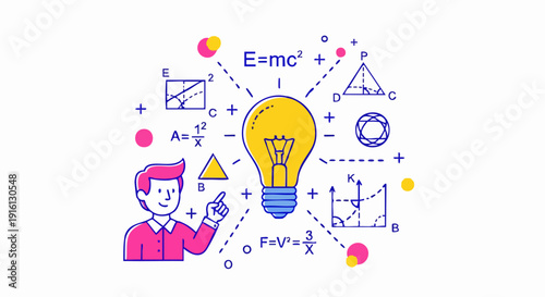 Illustration of a person pointing at a bright idea lightbulb with science symbols.