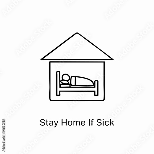 Illustration of a person resting in bed inside a house symbolizing staying home when sick.
