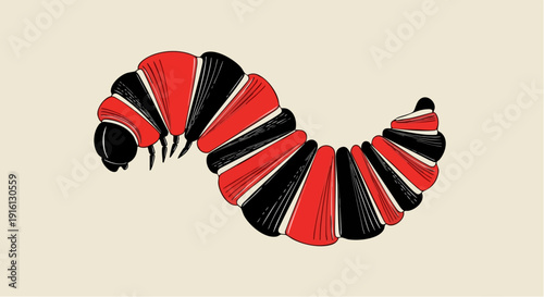 Illustration of a segmented caterpillar with red and black stripes.