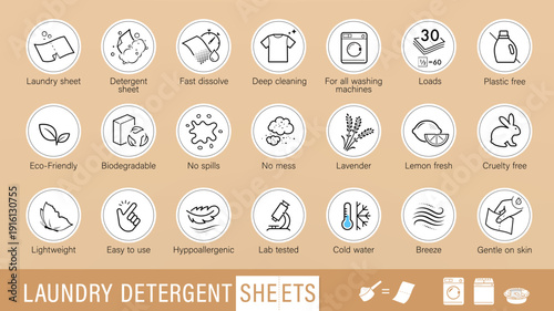 Laundry detergent sheets set icons. This icons shows main benefits of detergent sheets.The outline icons are well scalable and editable. Contrasting vector elements are good for different backgrounds.
