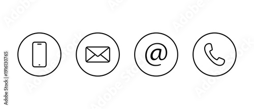 Smartphone, email, mention, and phone call icon in circular outline. Cellphone, message, at, and handset symbol