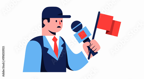 Journalist Holding Microphone and Flag Reporting News.