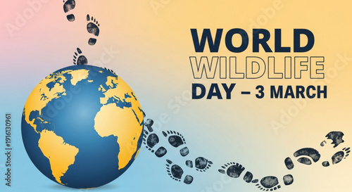 World wildlife day illustration with globe and animal footprints on march 3rd