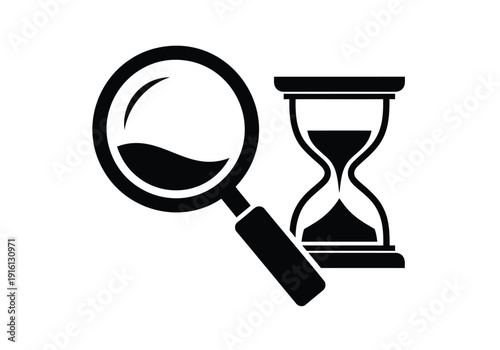 Black and white of a magnifying glass and hourglass side by side on a clean background