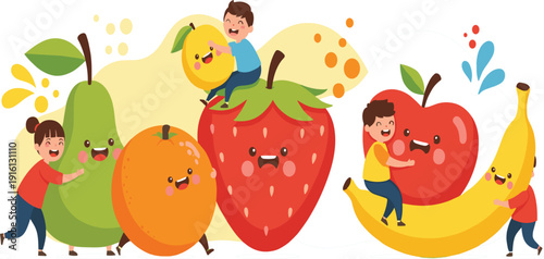Cute Kids with Giant Fruits Illustration Happy Children Playing with Apple Banana Strawberry and Healthy Food Vector Design