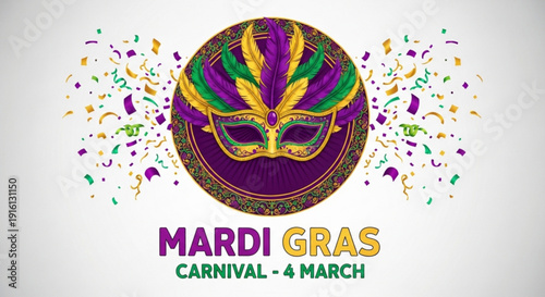 Vibrant mardi gras carnival mask with confetti and text on white background for party invitation