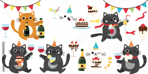 Cute Party Cats Seamless Pattern with Cakes, Drinks and Birthday Celebration Cartoon Illustration