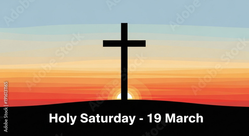 Cross on hill at sunset with holy saturday text easter religious symbol