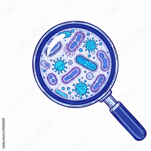 Magnified view of diverse bacteria and viruses under a microscope.