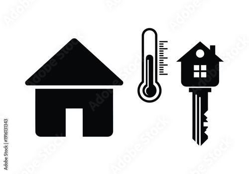 Black and white of house thermometer and house key in minimalist style